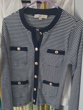 LOFT Navy and White Striped Button-Front Cardigan with Gold Buttons